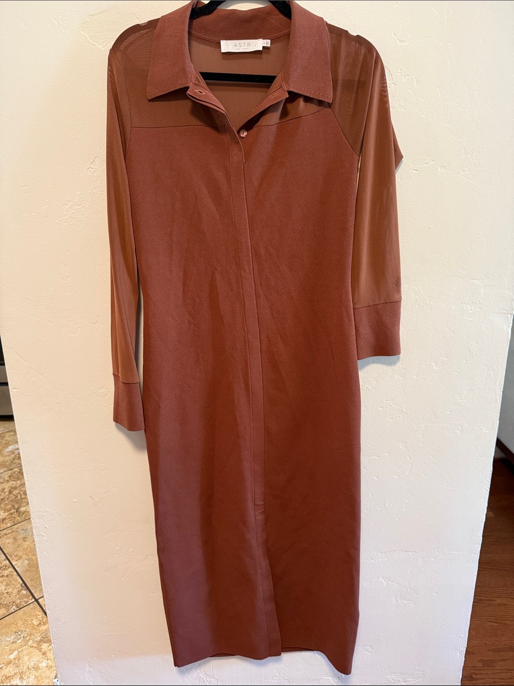 Astr Rust Long-Sleeve Midi Shirt Dress